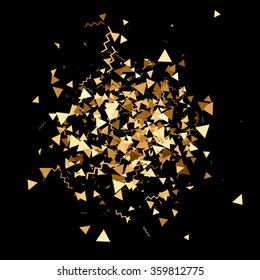 Vector golden confetti. Falling tinsel and confetti background from minimalistic geometrical confetti and ribbons. Flat falling glitter.