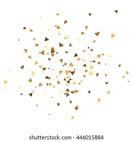 Vector golden confetti. Falling tinsel and confetti background from minimalistic geometrical confetti and ribbons. Flat falling glitter.