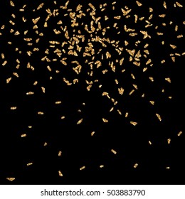 Vector golden confetti. Falling tinsel background from minimalistic geometrical triangles and ribbons. Flat falling glitter.
