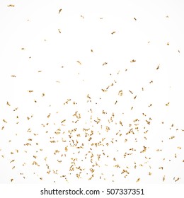 Vector golden confetti. Falling tinsel and confetti background from minimalistic geometrical confetti and ribbons. Flat falling glitter.