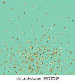 Vector golden confetti. Falling tinsel and confetti background from minimalistic geometrical confetti and ribbons. Flat falling glitter.
