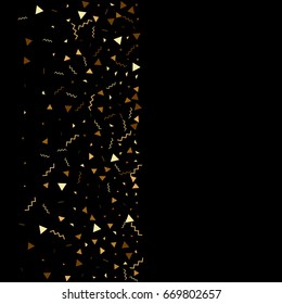 Vector golden confetti. Falling tinsel and confetti background from minimalistic geometrical confetti and ribbons. Flat falling glitter. Abstract triangles and ribbons celebration background.