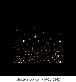 Vector golden confetti. Falling tinsel and confetti background from minimalistic geometrical confetti and ribbons. Flat falling glitter. Abstract triangles and ribbons celebration background.