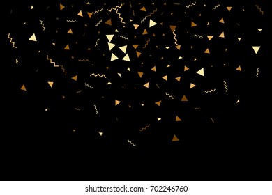 Vector golden confetti. Falling tinsel and confetti background from minimalistic geometrical confetti and ribbons. Flat falling glitter. Abstract triangles and ribbons celebration background.
