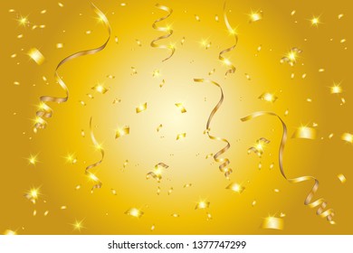 Vector golden confetti. Festive illustration. Party popper on gold background