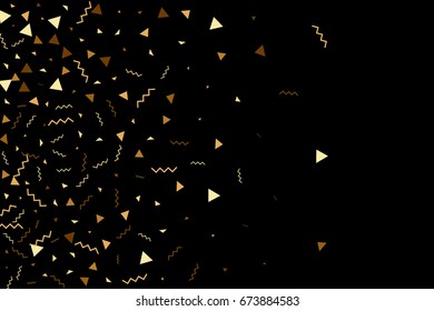 Vector golden confetti on black background. Falling tinsel and confetti from minimalistic geometrical triangles and ribbons. Flat glitter. Abstract festive decoration and ribbons.