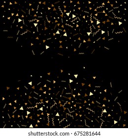 Vector golden confetti on black background. Falling tinsel and confetti from minimalistic geometrical triangles and ribbons. Flat glitter. Abstract festive decoration and ribbons.