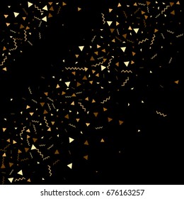 Vector golden confetti on black background. Falling tinsel and confetti from minimalistic geometrical triangles and ribbons. Flat glitter. Abstract festive decoration and ribbons.