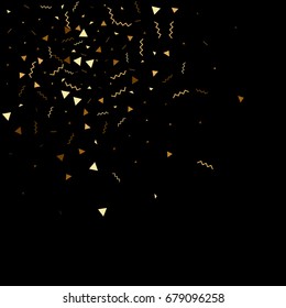 Vector golden confetti on black background. Falling tinsel and confetti from minimalistic geometrical triangles and ribbons. Flat glitter. Abstract festive decoration and ribbons.