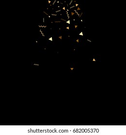 Vector golden confetti on black background. Falling tinsel and confetti from minimalistic geometrical stars and ribbons. Flat glitter. Abstract festive decoration and ribbons.
