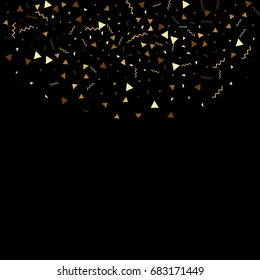 Vector golden confetti on black background. Falling tinsel and confetti from minimalistic geometrical triangles and ribbons. Flat glitter. Abstract festive decoration and ribbons.