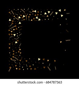 Vector golden confetti on black background. Falling tinsel and confetti from minimalistic geometrical stars and ribbons. Flat glitter. Abstract festive decoration and ribbons.