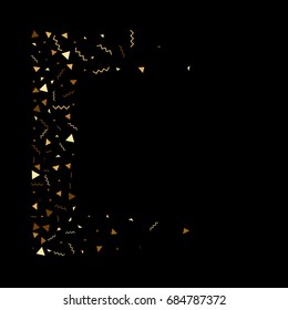 Vector golden confetti on black background. Falling tinsel and confetti from minimalistic geometrical stars and ribbons. Flat glitter. Abstract festive decoration and ribbons.