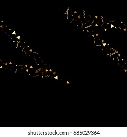 Vector golden confetti on black background. Falling tinsel and confetti from minimalistic geometrical stars and ribbons. Flat glitter. Abstract festive decoration and ribbons.