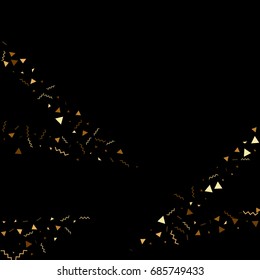 Vector golden confetti on black background. Falling tinsel and confetti from minimalistic geometrical stars and ribbons. Flat glitter. Abstract festive decoration and ribbons.