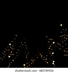 Vector golden confetti on black background. Falling tinsel and confetti from minimalistic geometrical stars and ribbons. Flat glitter. Abstract festive decoration and ribbons.