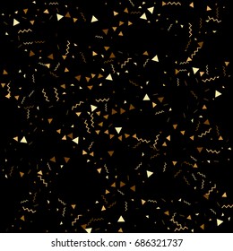 Vector golden confetti on black background. Falling tinsel and confetti from minimalistic geometrical stars and ribbons. Flat glitter. Abstract festive decoration and ribbons.