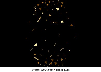 Vector golden confetti on black background. Falling tinsel and confetti from minimalistic geometrical stars and ribbons. Flat glitter. Abstract festive decoration and ribbons.