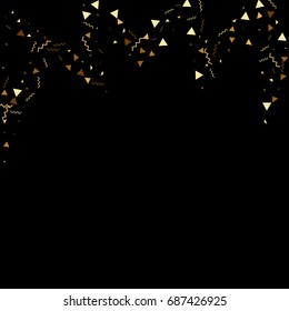 Vector golden confetti on black background. Falling tinsel and confetti from minimalistic geometrical stars and ribbons. Flat glitter. Abstract festive decoration and ribbons.