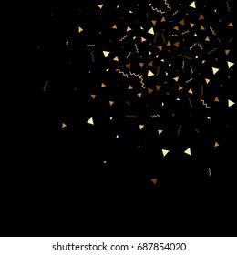 Vector golden confetti on black background. Falling tinsel and confetti from minimalistic geometrical triangles and ribbons. Flat glitter. Abstract festive decoration and ribbons.