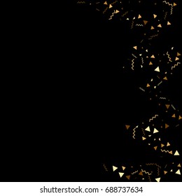 Vector golden confetti on black background. Falling tinsel and confetti from minimalistic geometrical stars and ribbons. Flat glitter. Abstract festive decoration and ribbons.