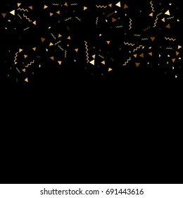 Vector golden confetti on black background. Falling tinsel and confetti from minimalistic geometrical stars and ribbons. Flat glitter. Abstract festive decoration and ribbons.