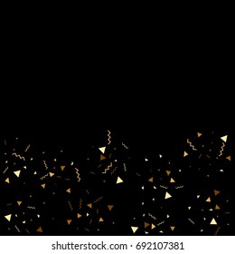 Vector golden confetti on black background. Falling tinsel and confetti from minimalistic geometrical stars and ribbons. Flat glitter. Abstract festive decoration and ribbons.