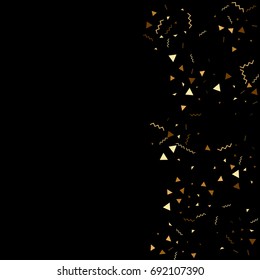Vector golden confetti on black background. Falling tinsel and confetti from minimalistic geometrical stars and ribbons. Flat glitter. Abstract festive decoration and ribbons.