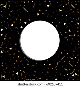 Vector golden confetti on black background. Falling tinsel and confetti from minimalistic geometrical stars and ribbons. Flat glitter. Abstract festive decoration and ribbons.