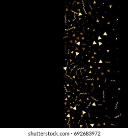 Vector golden confetti on black background. Falling tinsel and confetti from minimalistic geometrical stars and ribbons. Flat glitter. Abstract festive decoration and ribbons.