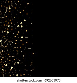 Vector golden confetti on black background. Falling tinsel and confetti from minimalistic geometrical stars and ribbons. Flat glitter. Abstract festive decoration and ribbons.