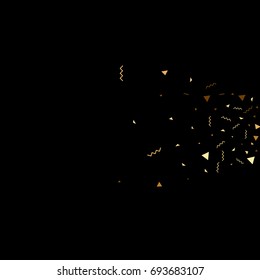 Vector golden confetti on black background. Falling tinsel and confetti from minimalistic geometrical stars and ribbons. Flat glitter. Abstract festive decoration and ribbons.