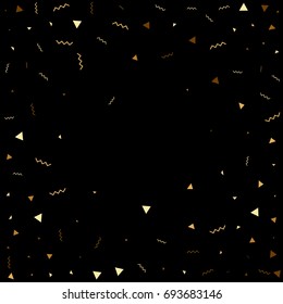 Vector golden confetti on black background. Falling tinsel and confetti from minimalistic geometrical stars and ribbons. Flat glitter. Abstract festive decoration and ribbons.