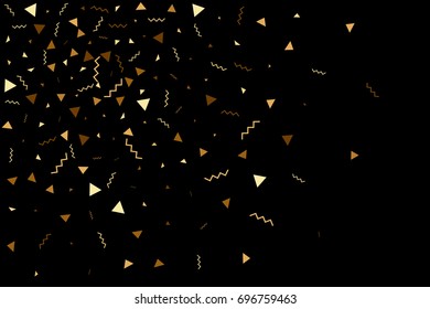 Vector golden confetti on black background. Falling tinsel and confetti from minimalistic geometrical stars and ribbons. Flat glitter. Abstract festive decoration and ribbons.