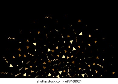 Vector golden confetti on black background. Falling tinsel and confetti from minimalistic geometrical stars and ribbons. Flat glitter. Abstract festive decoration and ribbons.