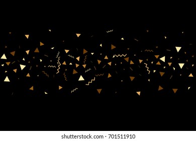 Vector golden confetti on black background. Falling tinsel and confetti from minimalistic geometrical stars and ribbons. Flat glitter. Abstract festive decoration and ribbons.