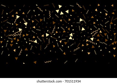 Vector golden confetti on black background. Falling tinsel and confetti from minimalistic geometrical stars and ribbons. Flat glitter. Abstract festive decoration and ribbons.