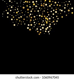 Vector golden confetti on transparent background. Falling tinsel and confetti from minimalistic geometrical confetti and ribbons. Flat falling glitter. Abstract triangles and ribbons on label.