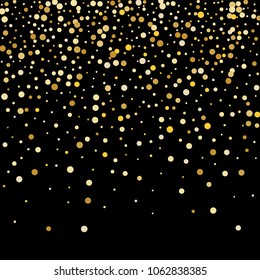 Vector golden confetti on transparent background. Falling tinsel and confetti from minimalistic geometrical confetti and ribbons. Flat falling glitter. Abstract triangles and ribbons on label.