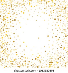 Vector golden confetti on transparent background. Falling tinsel and confetti from minimalistic geometrical confetti and ribbons. Flat falling glitter. Abstract triangles and ribbons on label.