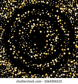Vector golden confetti on transparent background. Falling tinsel and confetti from minimalistic geometrical confetti and ribbons. Flat falling glitter. Abstract triangles and ribbons on label.
