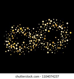 Vector golden confetti on transparent background. Falling tinsel and confetti from minimalistic geometrical confetti and ribbons. Flat falling glitter. Abstract triangles and ribbons on label.