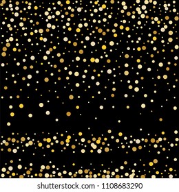 Vector golden confetti on transparent background. Falling tinsel and confetti from minimalistic geometrical confetti and ribbons. Flat falling glitter. Abstract triangles and ribbons on label.