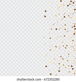 Vector golden confetti on transparent background. Falling tinsel and confetti from minimalistic geometric confetti and ribbons. Flat falling glitter. Abstract triangles and ribbons for labels.