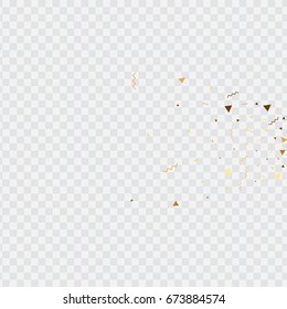 Vector golden confetti on transparent background. Falling tinsel and confetti from minimalistic geometrical triangles and ribbons. Flat glitter. Abstract festive decoration and ribbons.