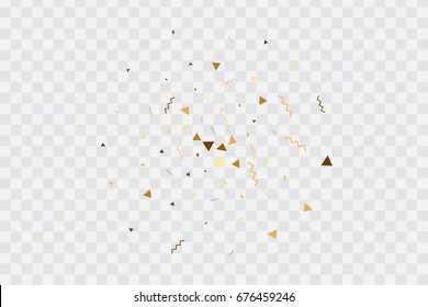 Vector golden confetti on transparent background. Falling tinsel and confetti from minimalistic geometrical triangles and ribbons. Flat glitter. Abstract festive decoration and ribbons.