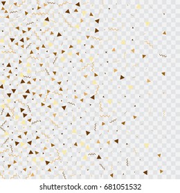 Vector golden confetti on transparent background. Falling tinsel and confetti from minimalistic geometrical triangles and ribbons. Flat glitter. Abstract festive decoration and ribbons.