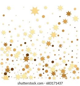 Vector golden confetti on transparent background. Falling tinsel and confetti from minimalistic geometrical stars and ribbons. Flat glitter. Abstract festive decoration and ribbons.