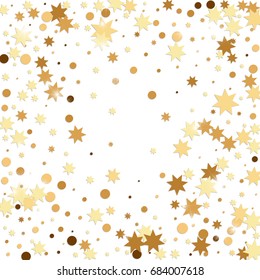 Vector golden confetti on transparent background. Falling tinsel and confetti from minimalistic geometrical stars and ribbons. Flat glitter. Abstract festive decoration and ribbons.