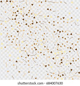 Vector golden confetti on transparent background. Falling tinsel and confetti from minimalistic geometrical stars and ribbons. Flat glitter. Abstract festive decoration and ribbons.